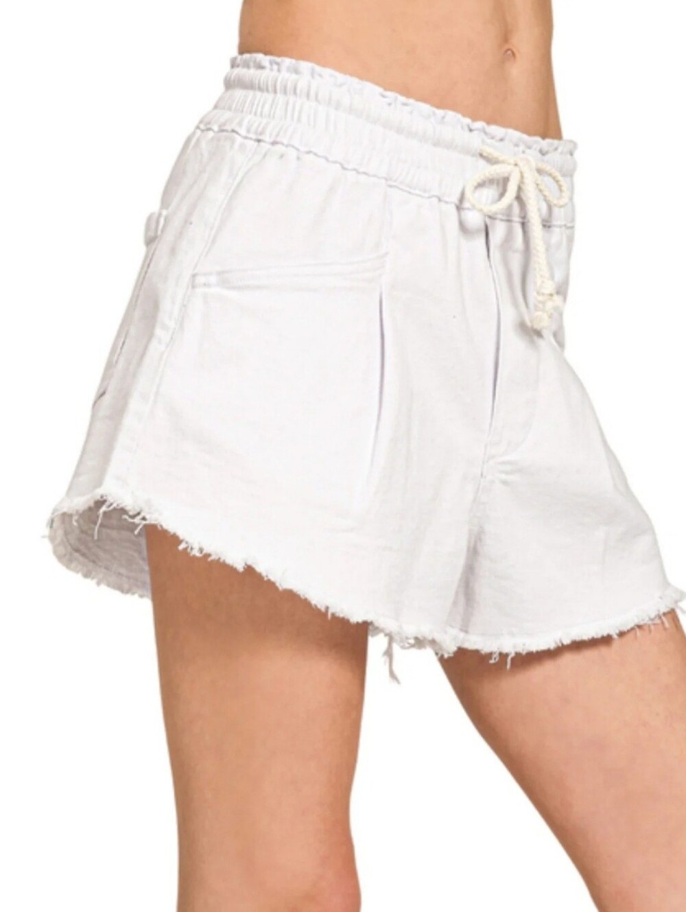 NWT Zenana "High-Waist w/Drawstring🎀Frayed Hem Shorts w/Pockets🤗" White🤍Large